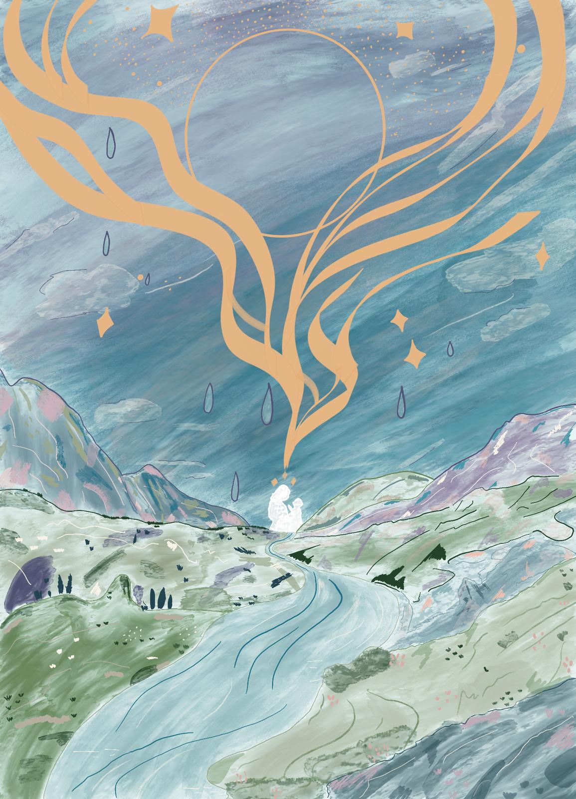 Echoes of Nigun — mystical artwork with Hebrew text